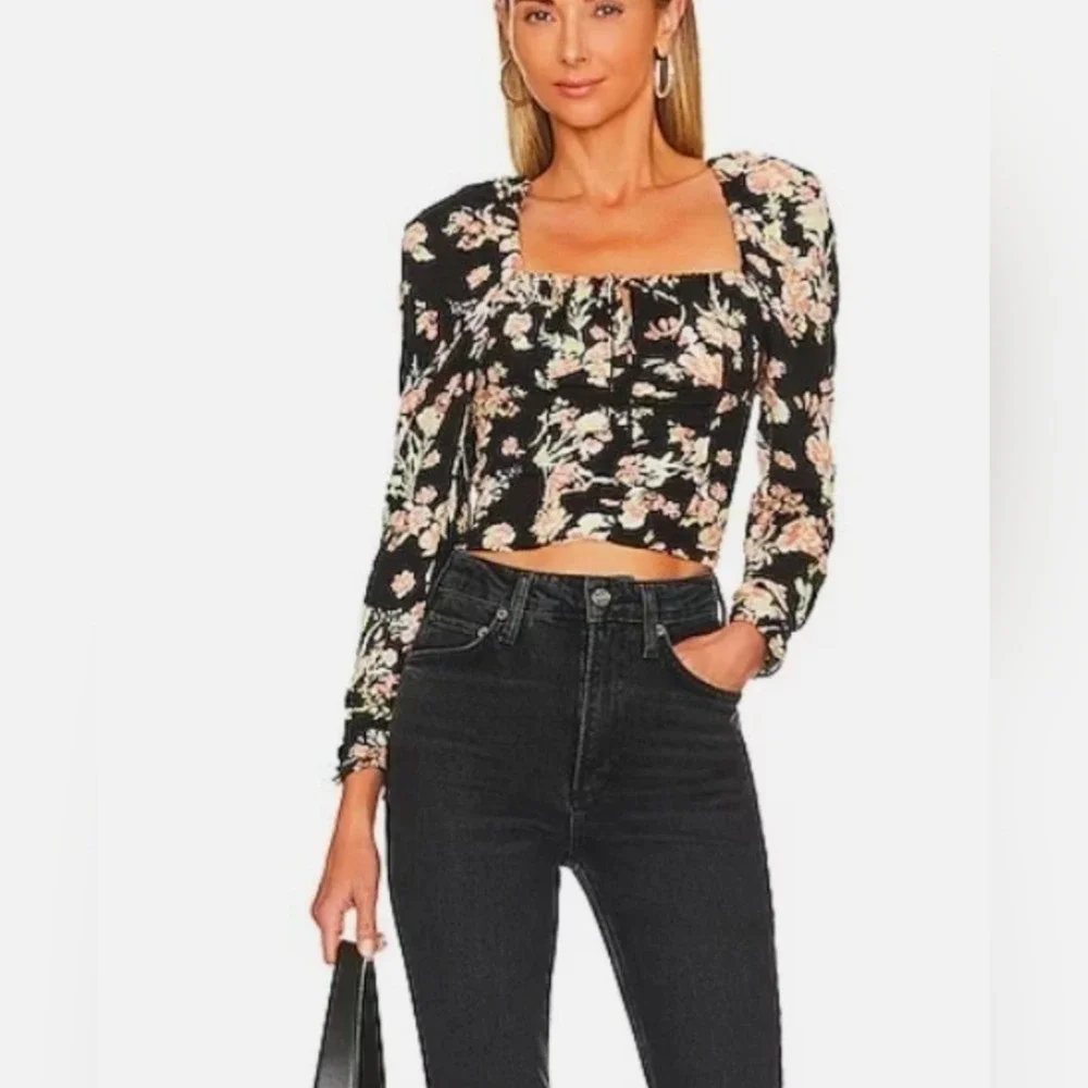 Free People Hillary Floral Puff Sleeve Smocked Corset Crop Top SZ S MSRP 98 New